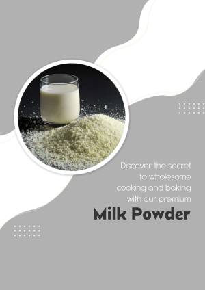 Glass of milk and pile of milk powder with promotional text