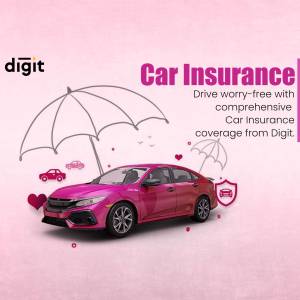 Digit Car Insurance advertisement featuring a pink car under an umbrella