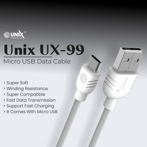 Close-up of a white Unix UX-99 Micro USB Data Cable with product features listed.