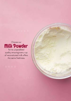 Top-down view of milk powder in a clear container on a pink background with text promoting its quality.