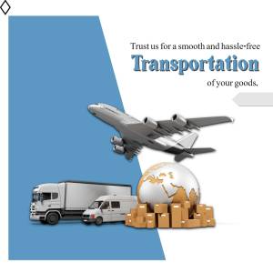 Image depicting various modes of transportation including airplane, truck, van, and packages with a globe.