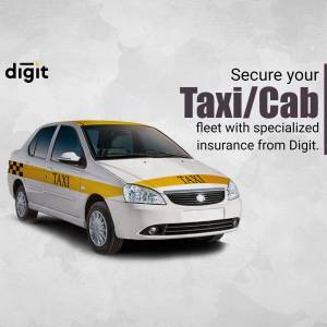 Image of a white taxi with a yellow roof promoting Digit insurance for taxi fleets.