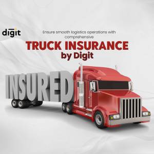 Red truck with 'Insured' text, promoting Digit Truck Insurance