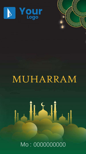 Muharram Islamic New Year greeting card with mosque silhouette and golden ornaments.