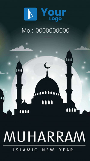 Silhouette of a mosque against a full moon with the text 'Muharram Islamic New Year'