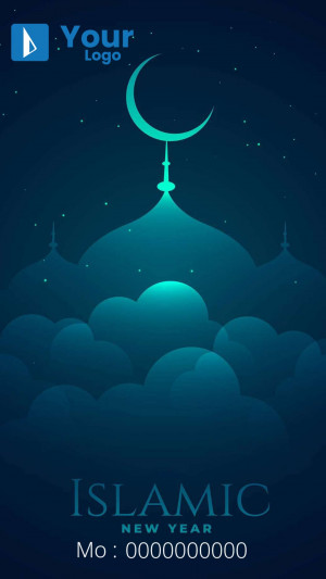 Islamic New Year illustration with crescent moon and mosque