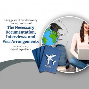 Image depicting study abroad visa assistance with a woman using a laptop and travel documents.
