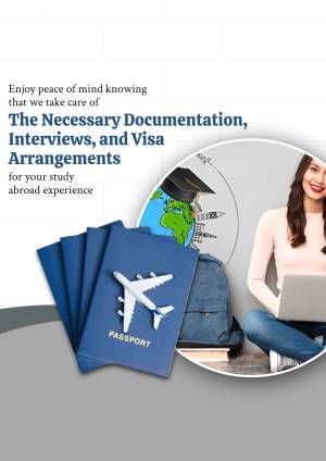 Image depicting study abroad documentation, visa arrangements, and a student with a laptop.