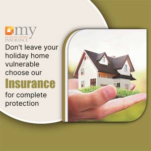 Image depicting a house in a hand with text promoting holiday home insurance.