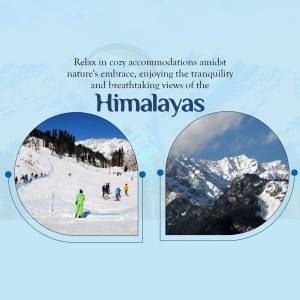 Snow-capped Himalayas with cozy accommodation advertisement