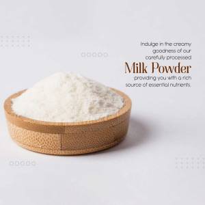 A wooden bowl filled with white milk powder, promoting its nutritional benefits.