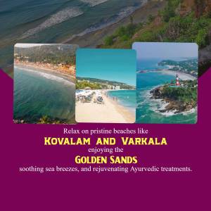 Collage of Kovalam and Varkala beaches in Kerala, India with text overlay promoting relaxation and Ayurvedic treatments.