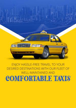 Yellow taxi in front of a city skyline with text promoting hassle-free travel.
