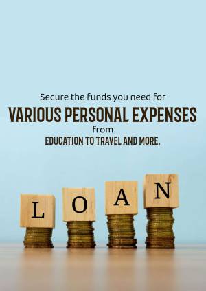 Wooden blocks spelling 'LOAN' stacked on coins with text about securing funds for personal expenses.
