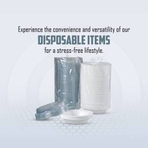 Stack of disposable plates and cups in plastic wrap