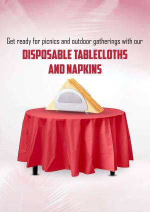 Red tablecloth and napkins set on a table, promoting disposable picnic supplies.