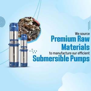 Two submersible pumps with a background showcasing raw materials and text highlighting quality.