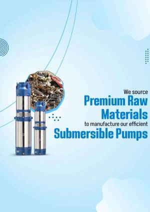 Image of submersible pumps with raw materials collage, highlighting quality sourcing.