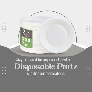 Stack of 7-inch white disposable paper plates with a green label indicating 200 plates per pack.
