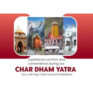 Image showcasing the four holy shrines of Char Dham Yatra with text promoting comfortable tour packages.
