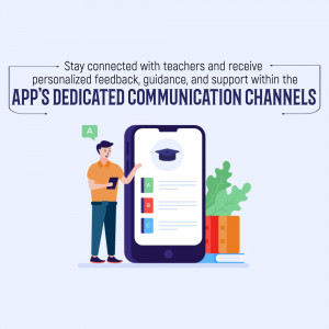 Illustration of a student interacting with an app on a smartphone, showcasing communication features for education.