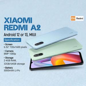 Xiaomi Redmi A2 phone in blue, green and black colors with specifications