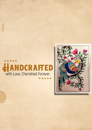 Madhubani painting of birds and flowers in a white frame on a beige background