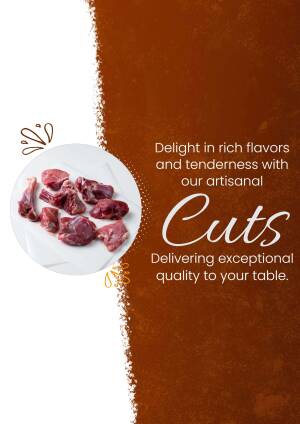 Close-up of raw meat cuts with text overlay promoting quality and flavor.