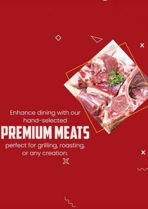 Close-up of premium cuts of raw meat on a white plate with text promoting grilling and roasting.