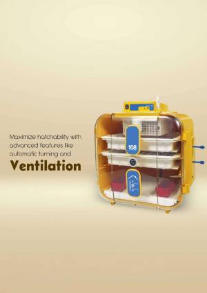 Yellow automatic egg incubator with 108 egg capacity and ventilation system