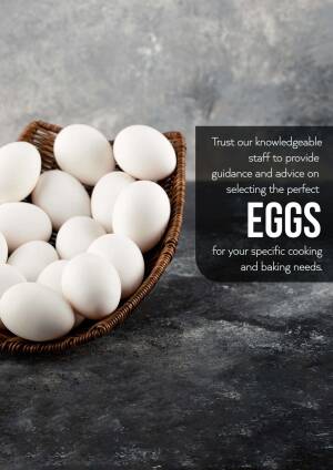 A close-up of white eggs in a brown woven basket on a dark grey surface with text about egg selection.
