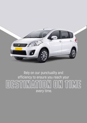 White Suzuki Ertiga car parked on a gray background with text promoting punctual service.