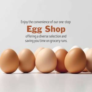 A promotional image for Egg Shop featuring a row of brown and white eggs.
