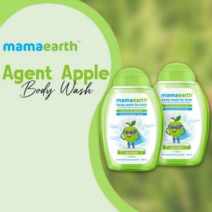 Two bottles of Mamaearth Agent Apple Body Wash for Kids against a green background.
