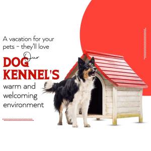 A dog looking out of a kennel with text advertising dog boarding services.