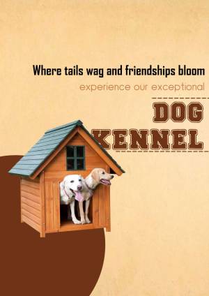 Two dogs looking out of a wooden kennel with text promoting dog kennel services.