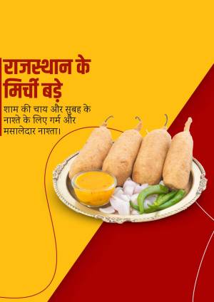 A vibrant image of Mirchi Vada, a popular Rajasthani snack, served with chutney and onions.