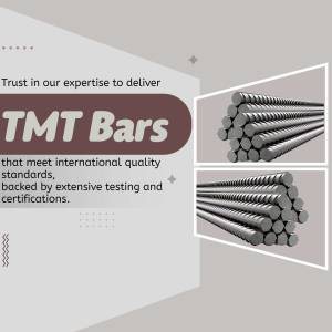 Image of TMT bars with text highlighting quality and international standards.