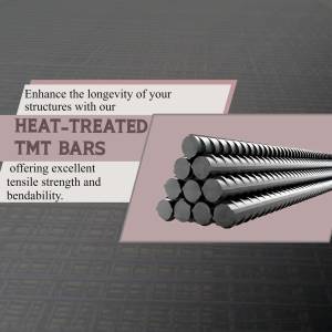 Image of heat-treated TMT bars with text highlighting their benefits.