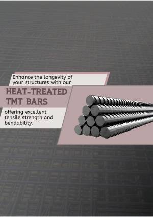 Stack of heat-treated TMT bars with promotional text