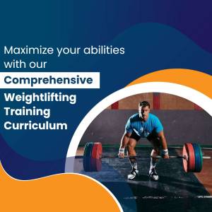 Man lifting weights with text promoting weightlifting training
