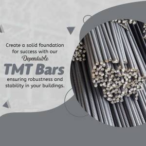 Pile of TMT steel bars with promotional text