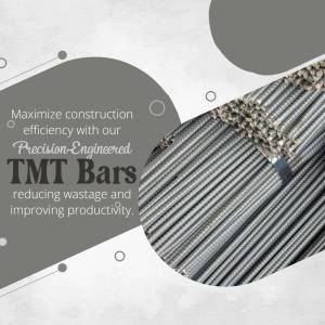 Close-up of TMT steel bars with text promoting construction efficiency