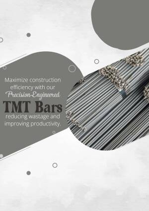 Close-up of TMT steel bars with a promotional graphic