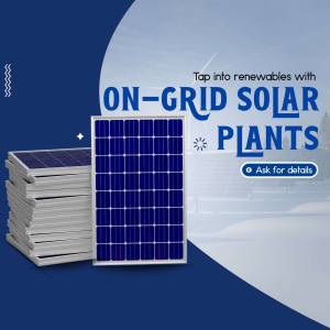 Stack of solar panels with text promoting on-grid solar plants.