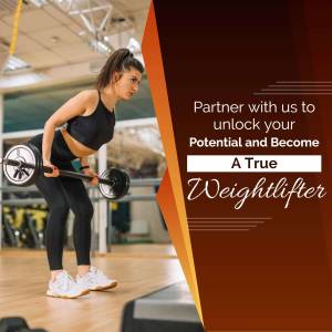 Woman weightlifting in a gym with motivational text overlay.