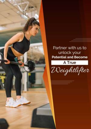 Woman lifting weights in a gym with motivational text overlay.