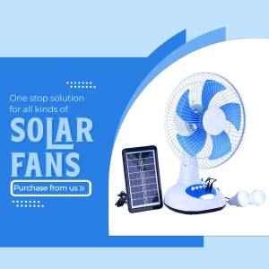Image of a solar-powered fan with a solar panel and lightbulb, promoting eco-friendly cooling.