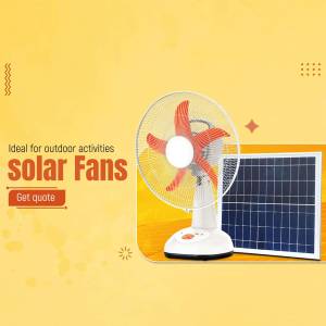 Image of a solar powered fan with a solar panel, promoting outdoor cooling solutions.