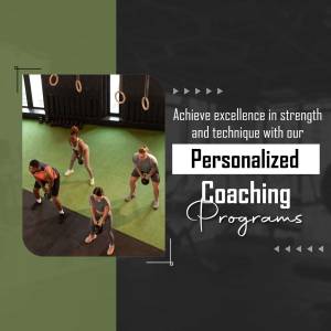 People working out with kettlebells in a gym with text promoting personalized coaching programs.
